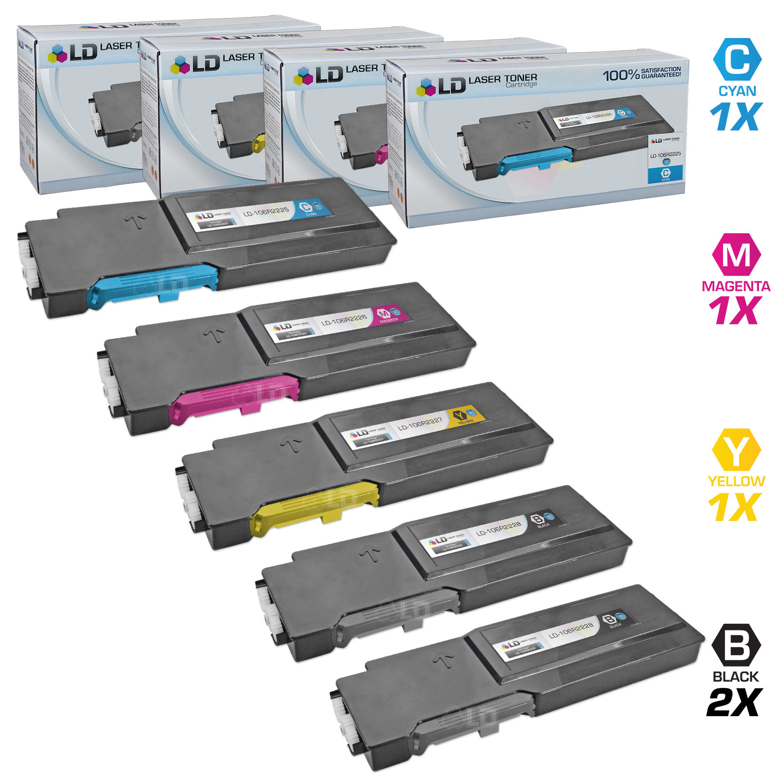 LD Compatible Replacement for Xerox Phaser 6600 / WorkCentre 6605 High Capacity Toner Cartridges: 2 106R02228 Black, 1 106R02225 Cyan, 1 106R02226 Magenta, 1 106R02227 Yellow - image 1 of 7