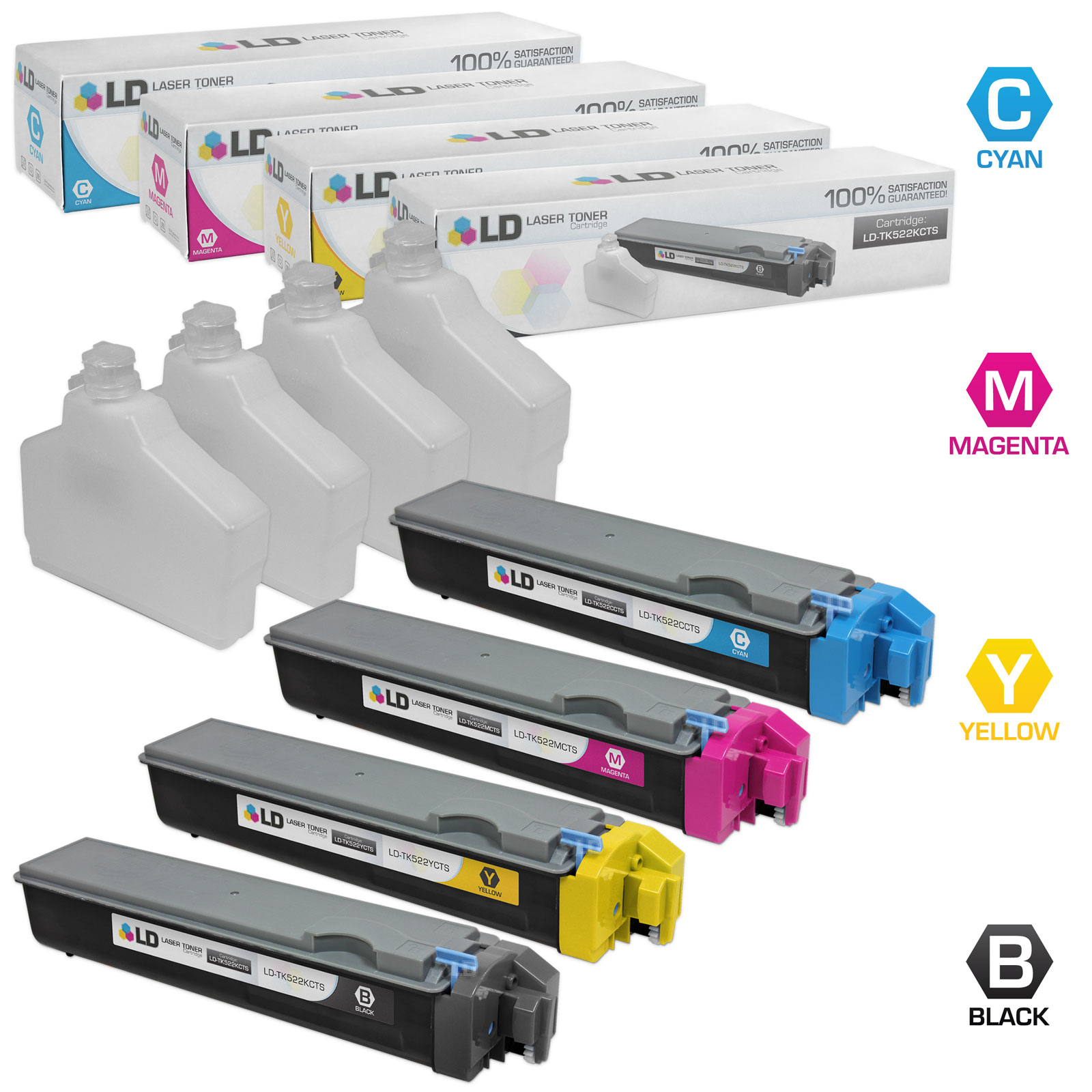 LD Compatible Replacements for Kyocera-Mita 4PK TK-522 Laser Toner Cartridges Includes: 1 TK-522K Black, 1 TK-522C Cyan, 1 TK-522M Magenta, & 1 TK-522Y Yellow for use in Kyocera-Mita FS-C5015N - image 1 of 1