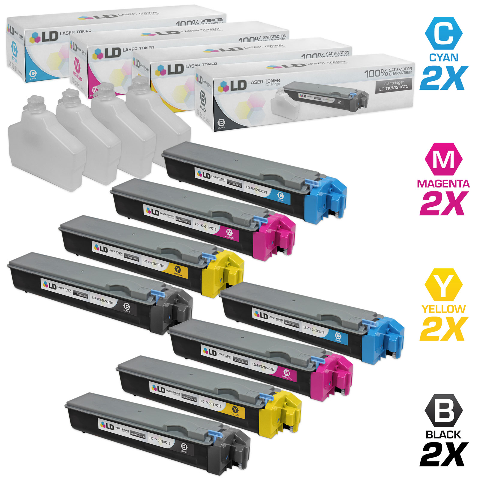 LD Compatible Replacements for Kyocera-Mita 8PK TK-522 Laser Toner Cartridges Includes: 2 TK-522K Black, 2 TK-522C Cyan, 2 TK-522M Magenta, & 2 TK-522Y Yellow for use in Kyocera-Mita FS-C5015N - image 1 of 1