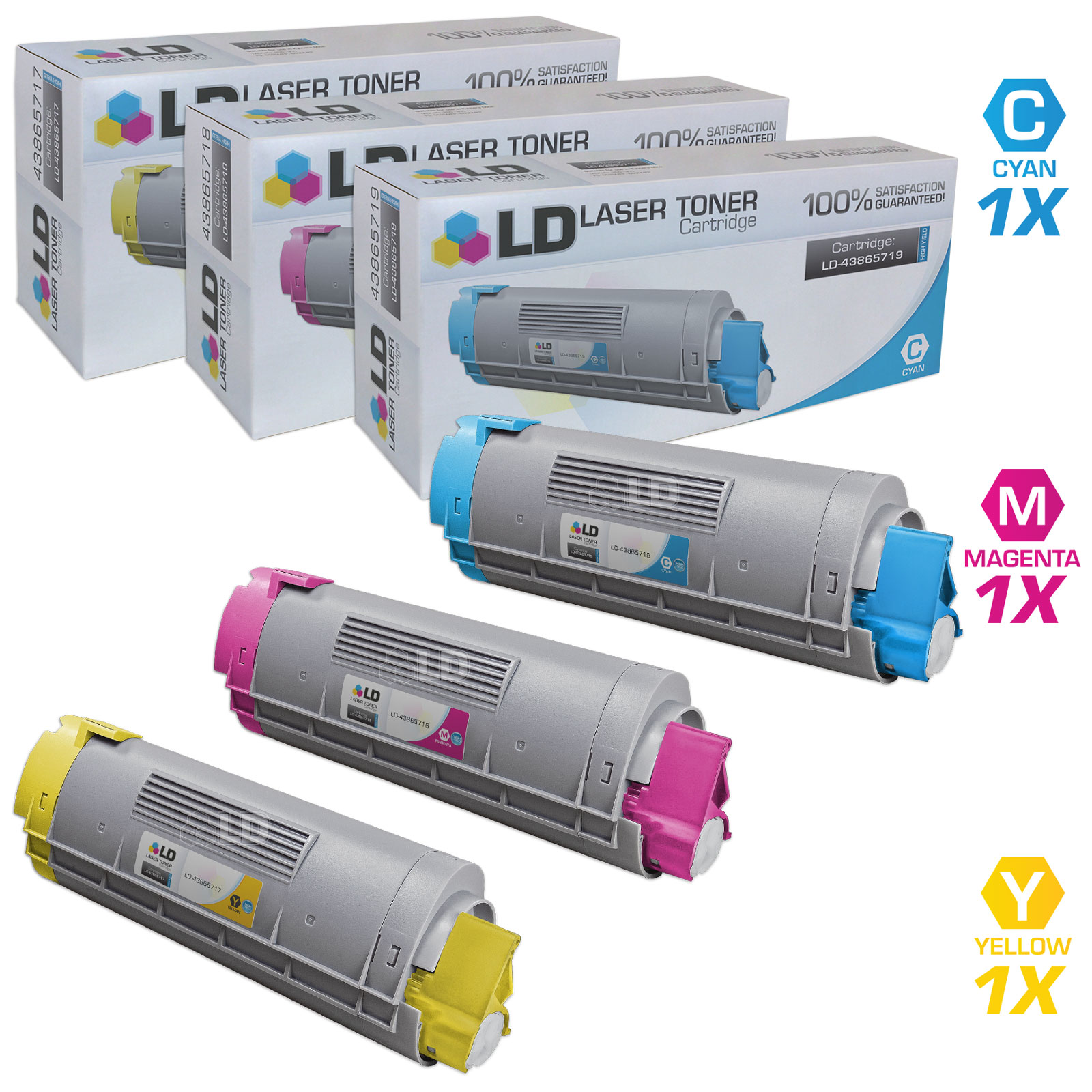 LD Compatible Replacements for Okidata Set of 3 High Yield Laser Toner Cartridges Includes: 1 43865719 HY Cyan, 1 43865718 HY Magenta, and 1 43865717 HY Yellow - image 1 of 1
