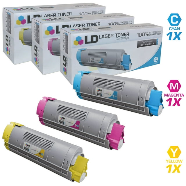 LD Compatible Replacements for Okidata Set of 3 High Yield Laser Toner Cartridges Includes: 1 43865719 HY Cyan, 1 43865718 HY Magenta, and 1 43865717 HY Yellow