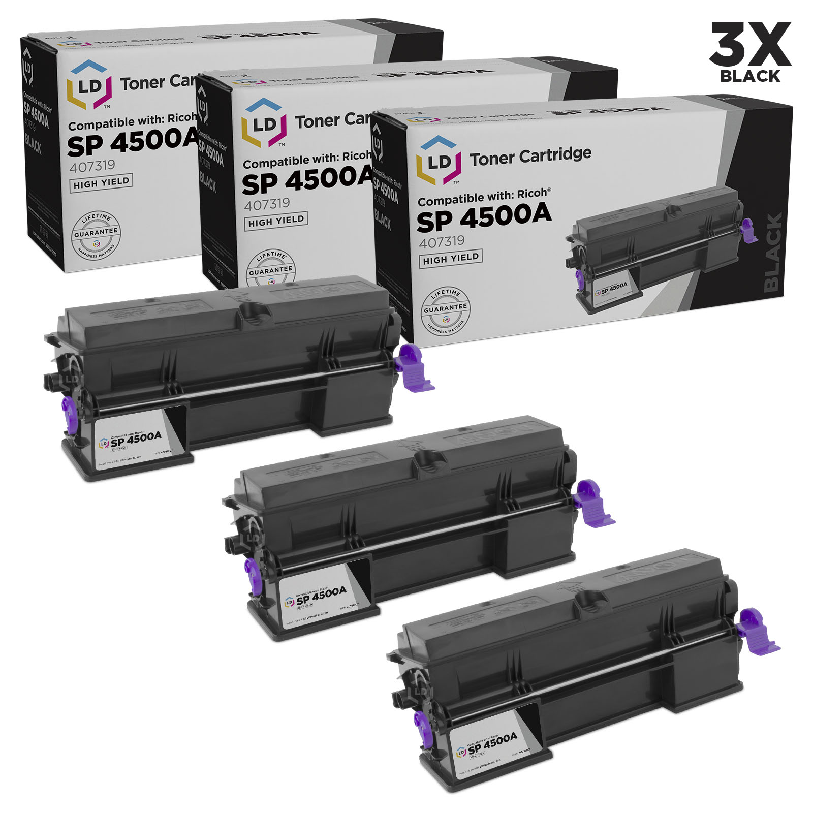 LD Compatible Ricoh 407319 / SP 4500A Set of 3 High Yield Black Toner Cartridges for use in SP 3600DN, SP 3600SF, SP 3610SF, SP 4510DN, SP 4510SF & MP 401SPF (6,000 Page Yield) - image 1 of 2