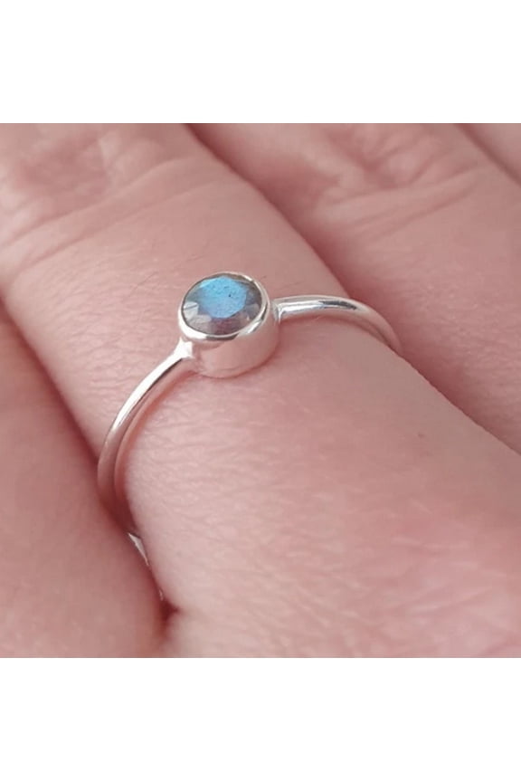 - 925 Silver Ring Featuring Labradorite Oval Gemstone | Custom Size Adjustable Tiny Band | Stacking Promise Ring