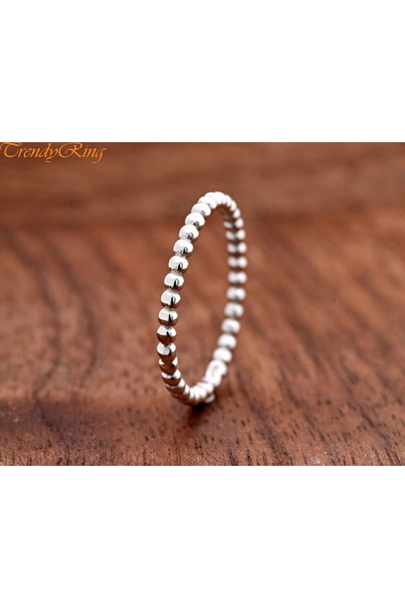925 Sterling Silver Beaded Eternity Band for Women – Thin 1.5mm Stackable Ball Ring, High Polished Minimalist Thumb or Midi Ring