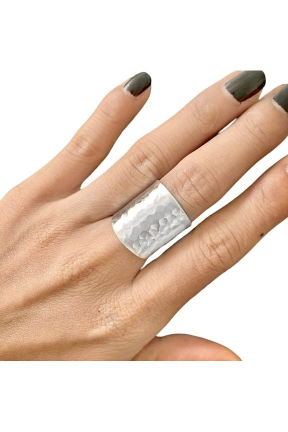 925 Sterling Silver Hammered Boho Statement Ring – Handmade Adjustable Wide Wrap Band, Shiny Finish Classic Ring for Women