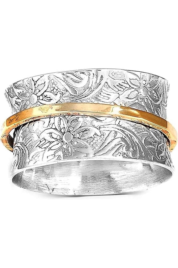925 Sterling Silver Spinner Ring for Women, Two-Tone Handmade Meditation Ring, Yoga Fidget Thumb Ring, Worry Promise Ring for Anxiety Relief