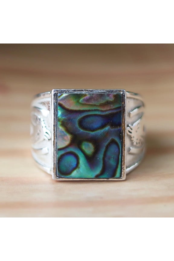 - Abalone Shell Ring Artisan Handmade 925 Silver Boho Ocean Jewelry Featuring Rectangular Shell