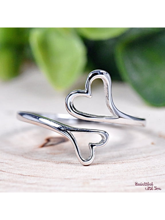 Adjustable Heart Ring Silver Tone Open Wrap Heart Accent Minimalist Stackable Band For Women Everyday Fashion