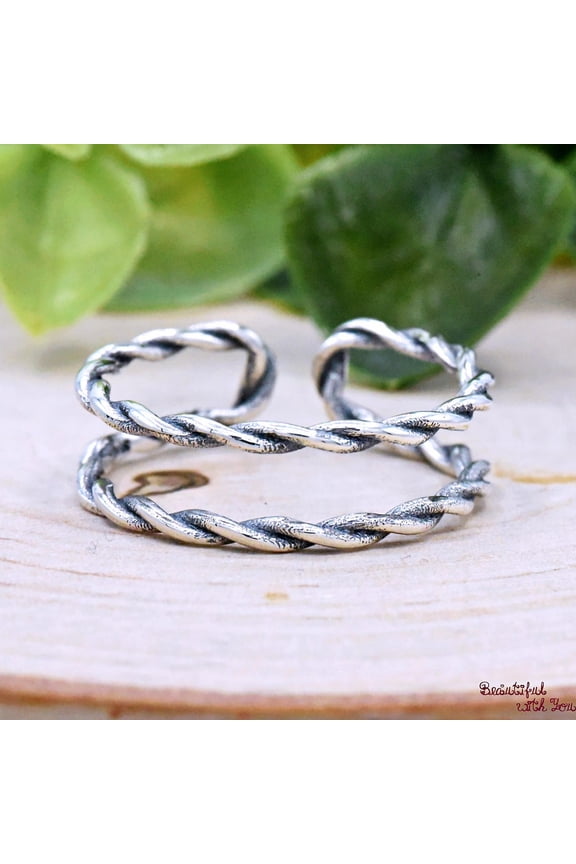 - Adjustable Midi Ring | Unique Double Layered Band Twisted Rope Oxidized Silver Ring for Womenâ€™s Stackable Style