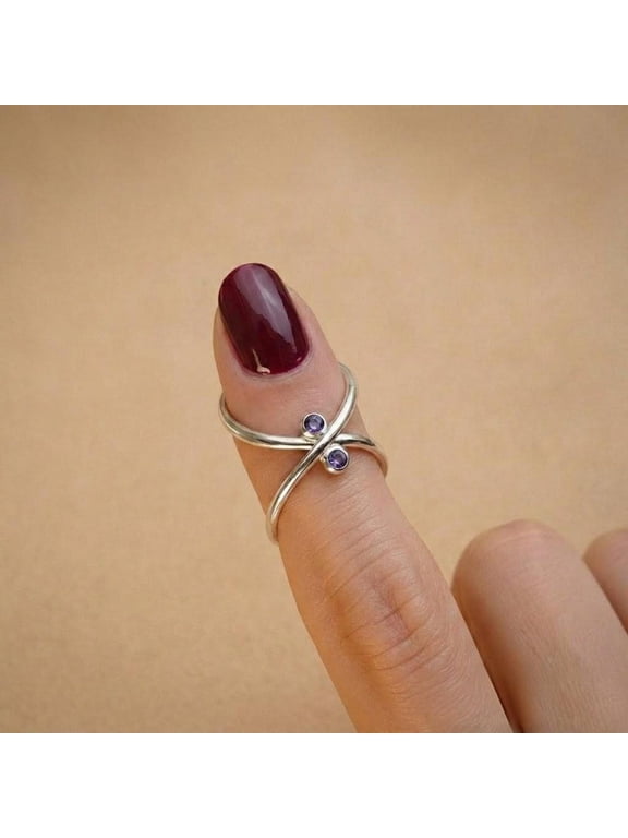 Adjustable Purple Stone Ring, Silver Open Band With Two Violet Stones, Handcrafted Minimalist Jewelry