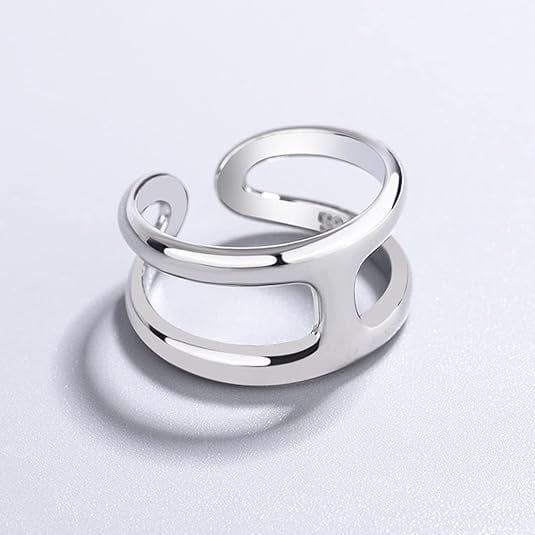 LD DESIGNS - Adjustable Silver Ring 925 Sterling Silver Band with Multi-Line Open Design, Lightweight Stackable Finger Ring for Women