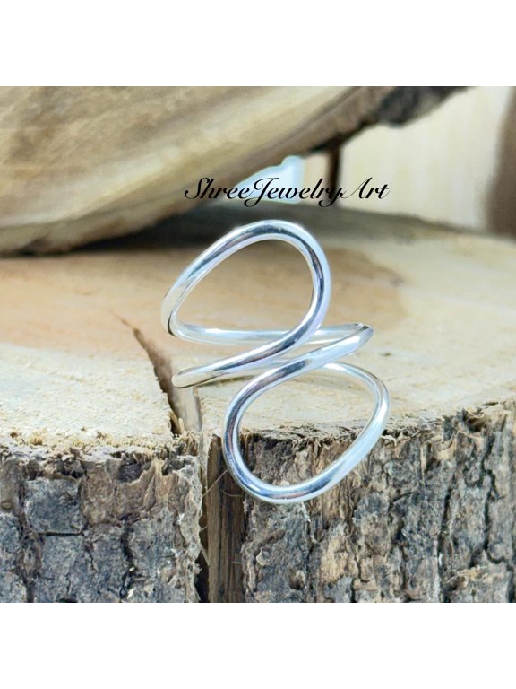 Adjustable Silver Ring Open Spiral Wire Wrap, Polished Finish, Handcrafted Minimalist Geometric Band Jewelry