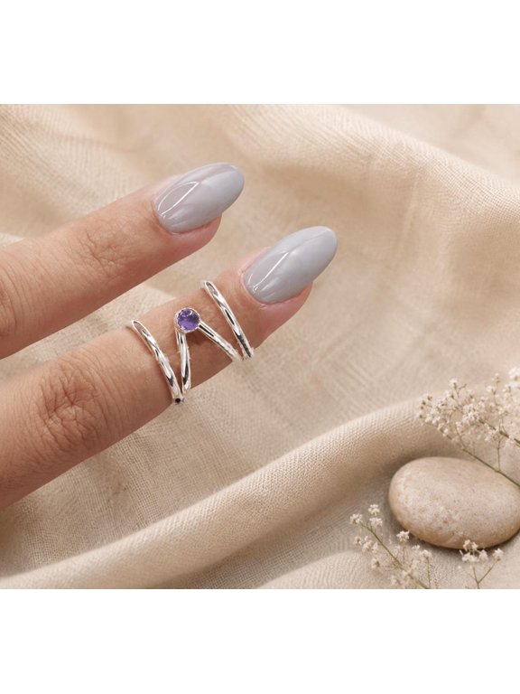 Amethyst Silver Adjustable Open Ring With Faceted Gemstone Charm