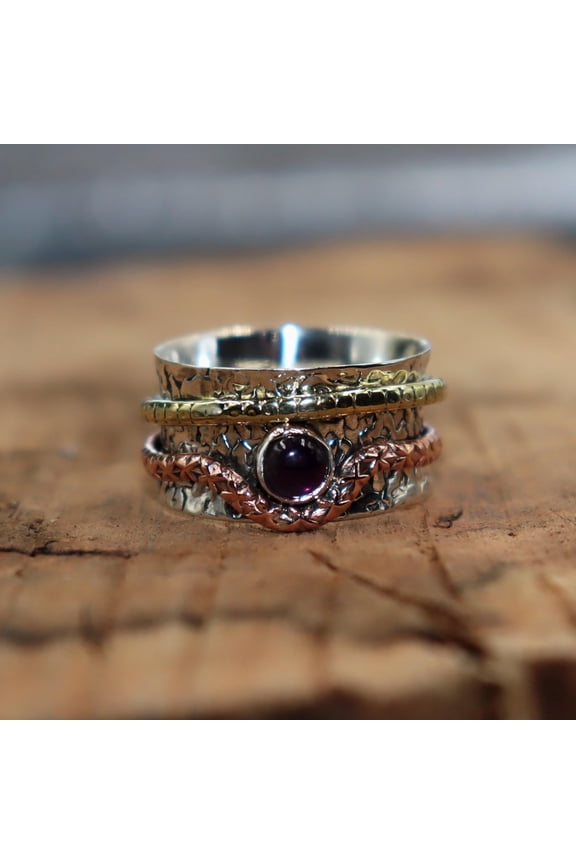 - Amethyst Spinner Ring | Two Tone Hammered Band, Adjustable Fit Wide Band Meditation Jewelry