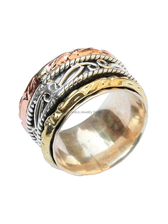 Anxiety Spinner Ring, Boho Artisan Silver Ring With Hammered Textured Band, Stackable Statement Jewelry For Adult Women Everyday Wear