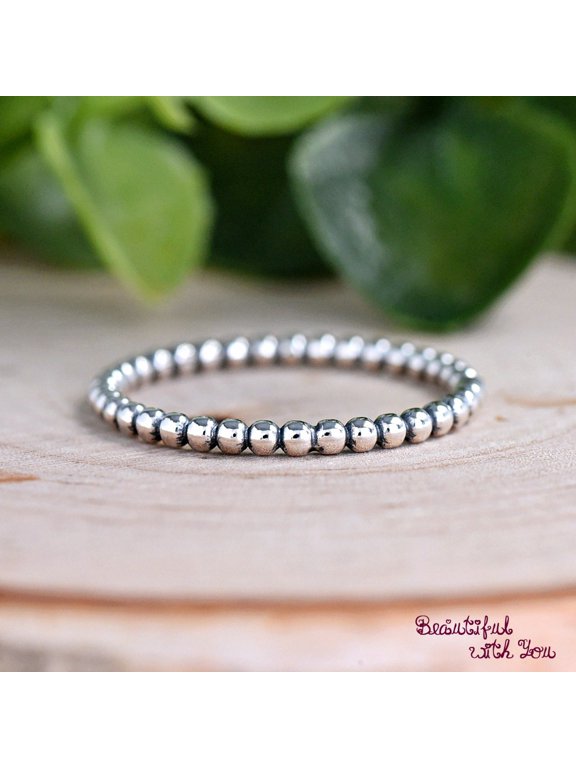 Beaded Eternity Ring Oxidized Silver Ring With Bubble Texture, Vintage Boho Stacking Band For Women Daily Wear