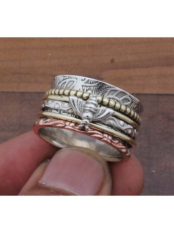 Bee Spinner Ring Adjustable Open Band with Intricate Bee Design, 8mm
