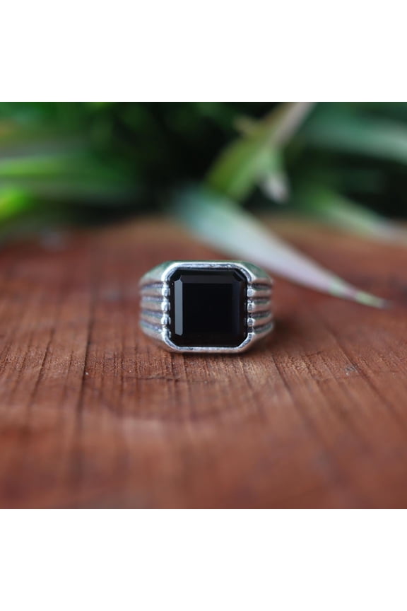 - Black Onyx Ring Vintage Signet 12mm Cushion Cut Stone | Sterling Silver Handmade Statement Jewelry