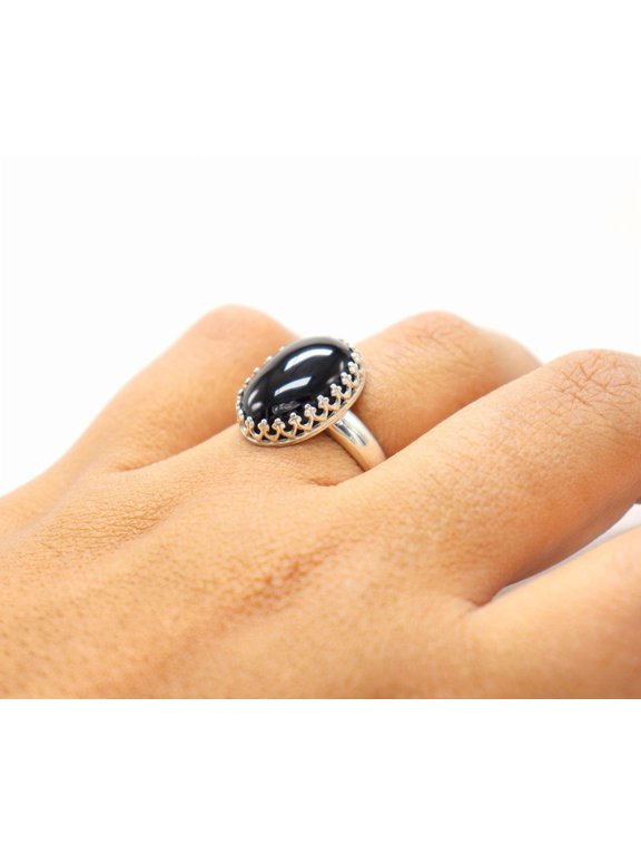 Black Onyx Silver Ring, Elegant Oval Statement Fashion Ring With Polished Bezel Setting For Women Everyday Wear