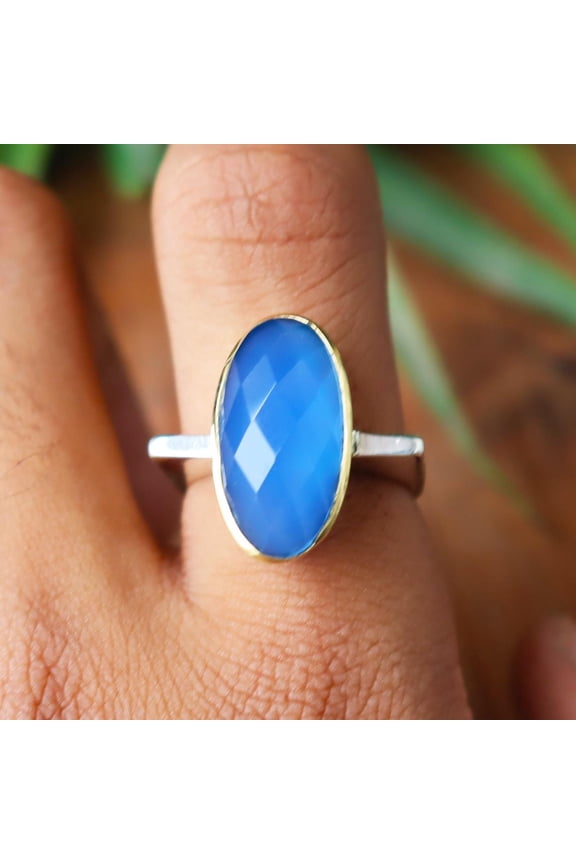 - Blue Chalcedony Ring Oval Gemstone Statement Jewelry in Sterling Silver for Emotional Balance