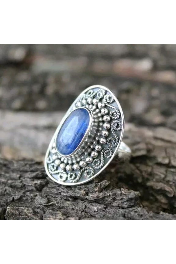 - Blue Kyanite Ring Adjustable Sterling Silver Floral Oxidized Statement Jewelry with Oval Gemstone
