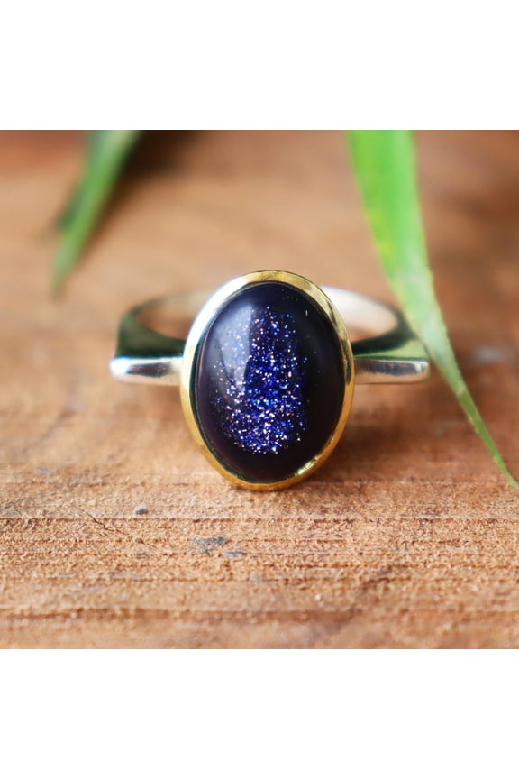 - Blue Sun Stone Ring Oval Navy Gemstone | 925 Sterling Silver Boho Statement Jewelry for Women