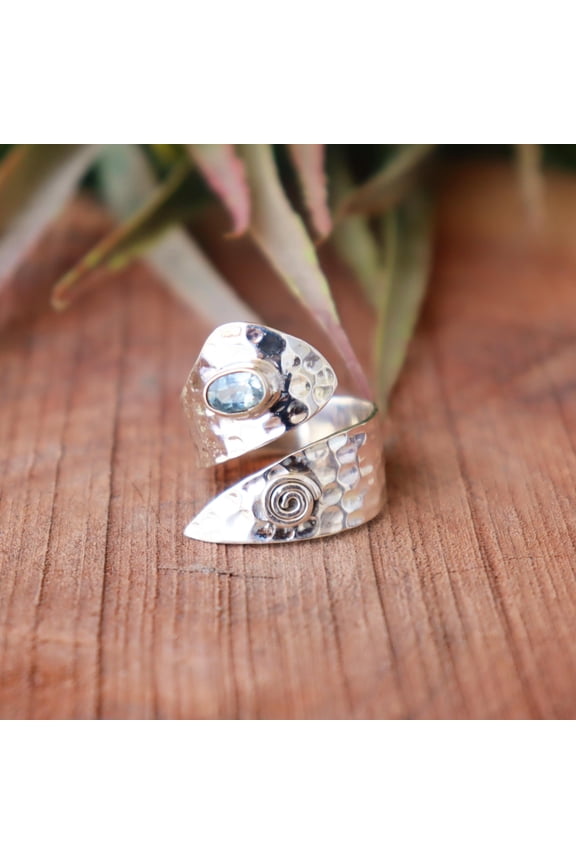- Blue Topaz Ring Adjustable Sterling Silver Cuff | Artisan Crafted Sparkling Statement Jewelry Gift For Her