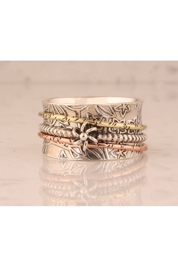 - Boho Spinner Ring Handmade Sterling Silver 925 Three-Tone Band | Anxiety Fidget Ring for Women’s Stress Relief