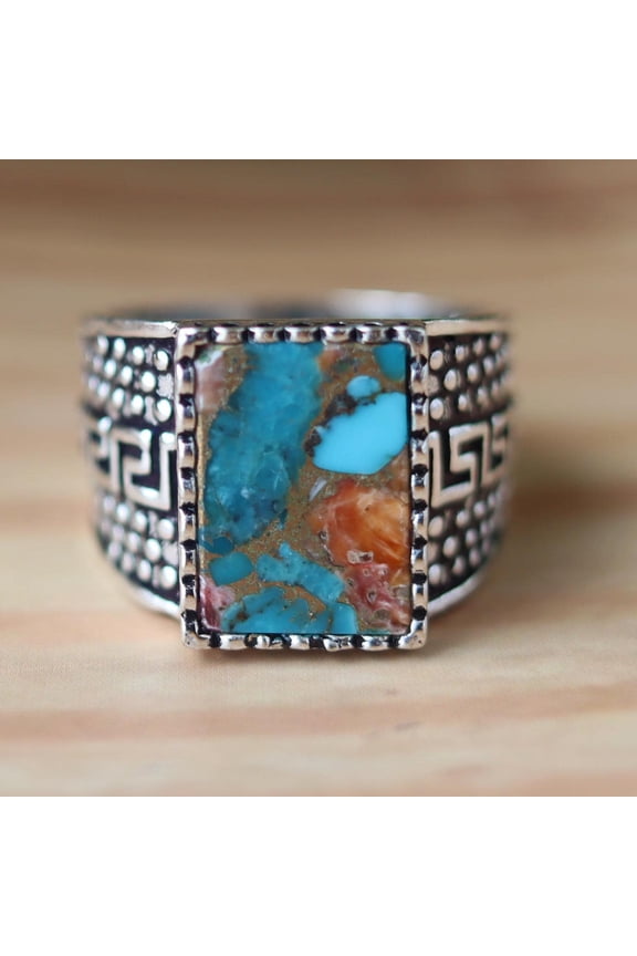 - Boho Statement Ring Sterling Silver Wide Band With Turquoise Inlay & Spiny Oyster Shell, Southwestern Style Accessory