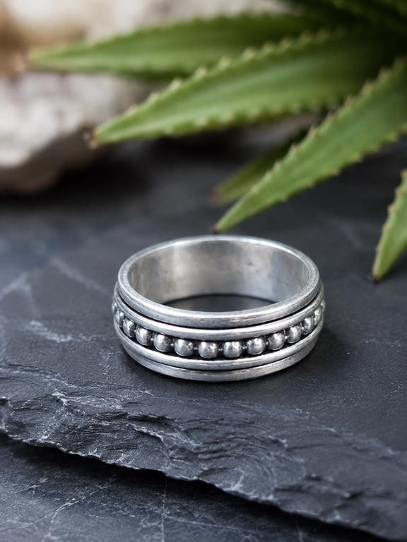 Boho fidget ring, Oxidized Silver Ring Beaded Spinner Band, Minimalist Textured Open Style Jewelry for Adult Everyday Wear