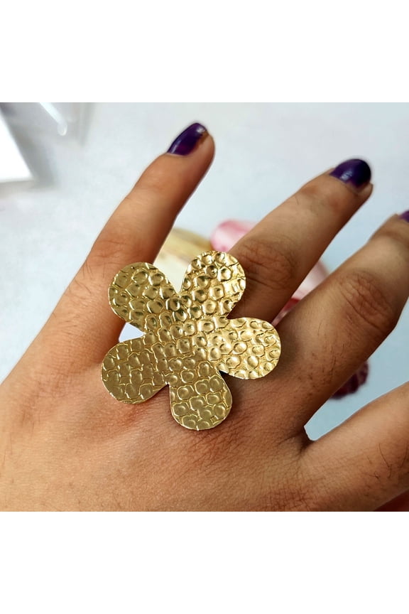 - Brass Flower Ring Hammered Bold Floral Design | Adjustable Pure Brass Statement Jewelry