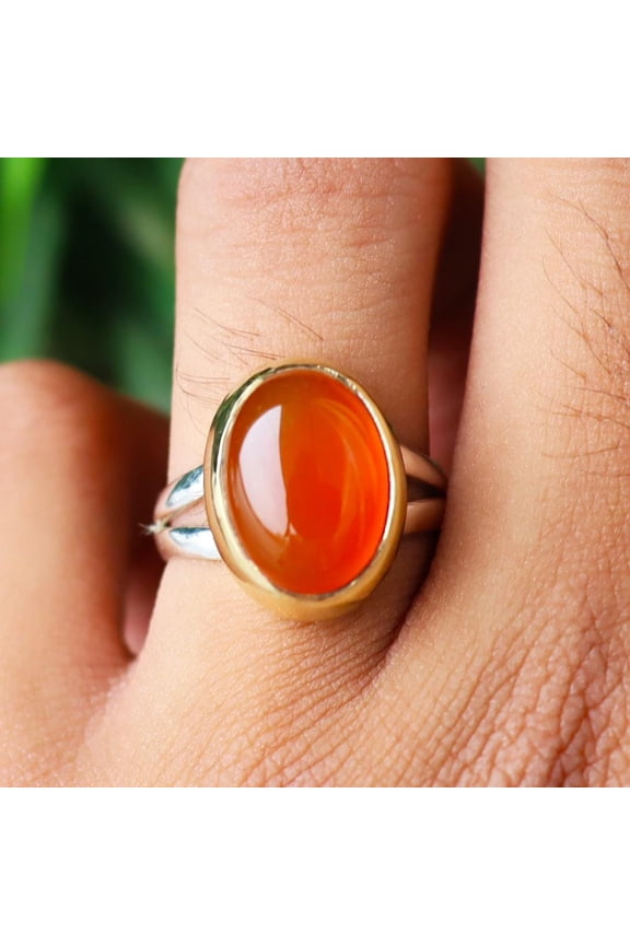 - Carnelian Gemstone Ring Oval Cut Vibrant Orange Healing Crystal | 925 Sterling Silver Unique Charm Ring