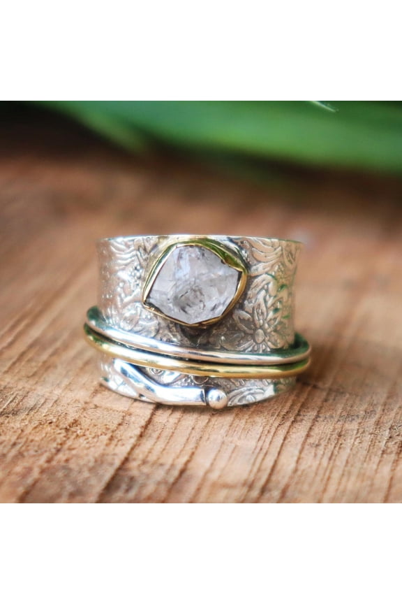 - Crystal Spinner Ring - Adjustable Band Ring with Raw Herkimer Diamond & Two Tone Copper Accent Jewelry