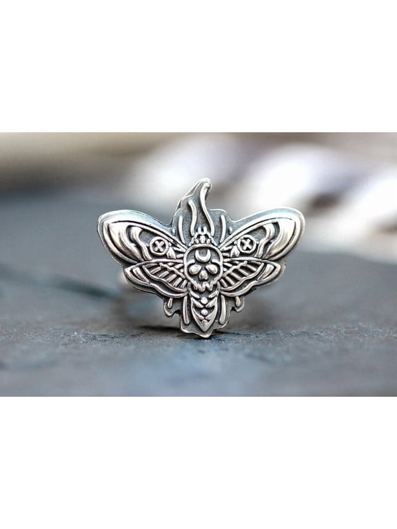 Deaths Head Moth Ring Gothic Silver Ring With Detailed Insect Wing Texture, Skull Accent Statement Band For Women Everyday Wear