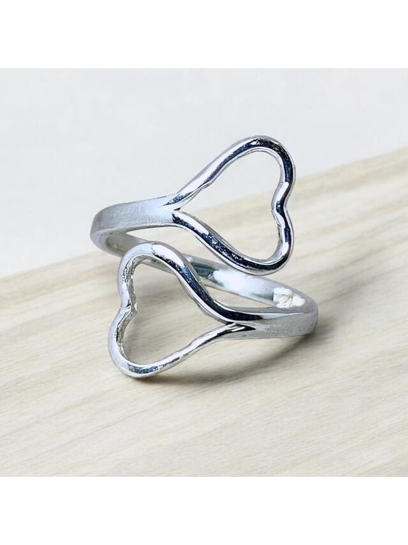 Double Heart Promise Ring, Elegant Silver Adjustable Open Band With Interlocking Heart Motif For Women Everyday Wear