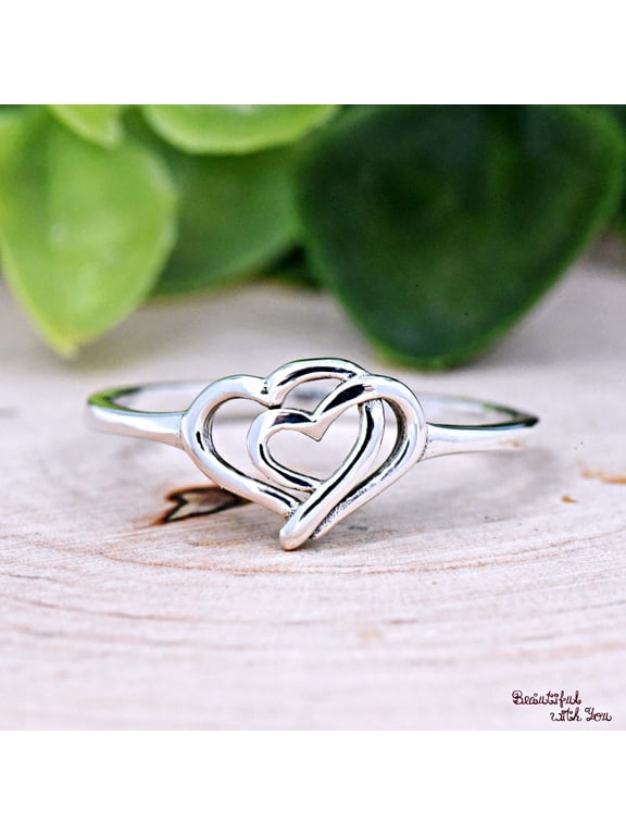 Double Heart Promise Ring, Polished Silver Ring With Interlocked Heart Open Band Design, Elegant Everyday Jewelry For Women