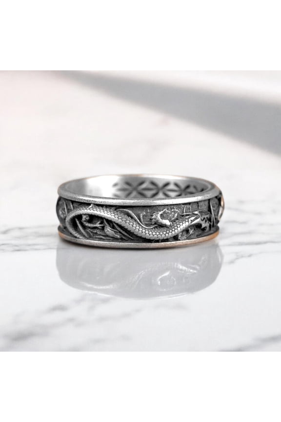 - Dragon Koi Ring - Oxidized Silver Band With Japanese Mythology Design, Handmade 925 Sterling Silver