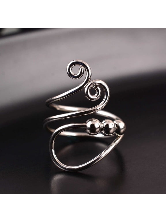 Elegant Silver Beaded Wrap Ring, Adjustable Textured Band For Women
