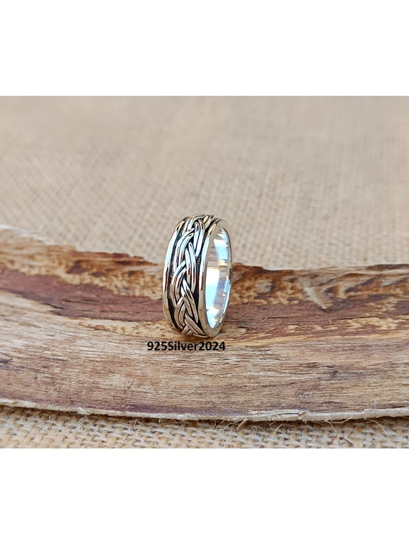 Elegant Silver Spinner Ring With Braided Twist Band, Handmade Wedding Band Style Jewelry For Adult Daily Wear