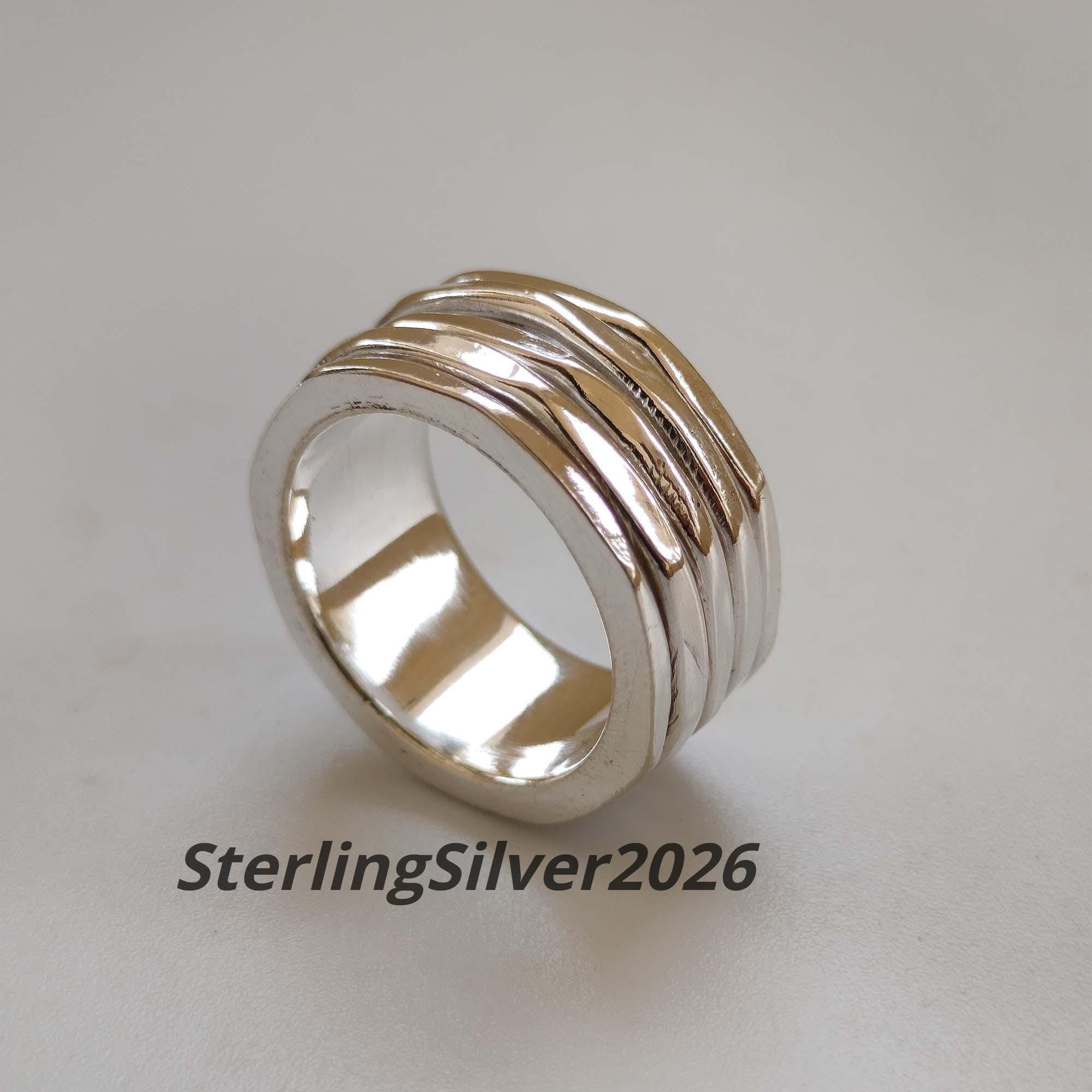 LD DESIGNS Elegant Silver Wide Band Ring With Multi-Layer Stacking ...