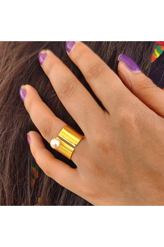 - Gold Pearl Ring - Natural Freshwater Pearl, Adjustable Gold Plated Brass June Birthstone Gift
