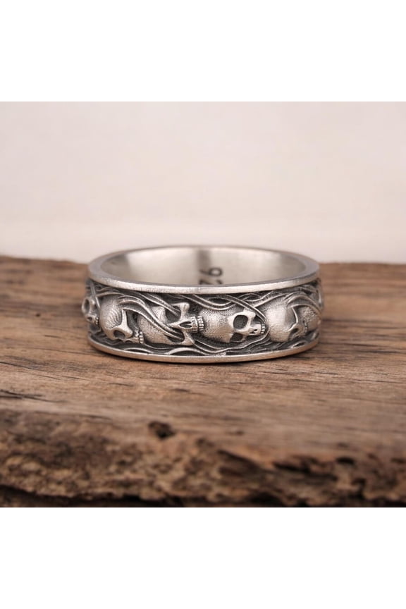 - Gothic Band Ring - Handmade 925 Sterling Silver Mens Statement Ring With Smoky Skull Design