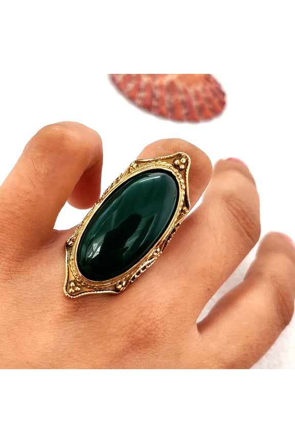 - Green Onyx Ring Large Oval Cabochon Gemstone, Antique Plated Brass Band, Bold Statement Jewelry
