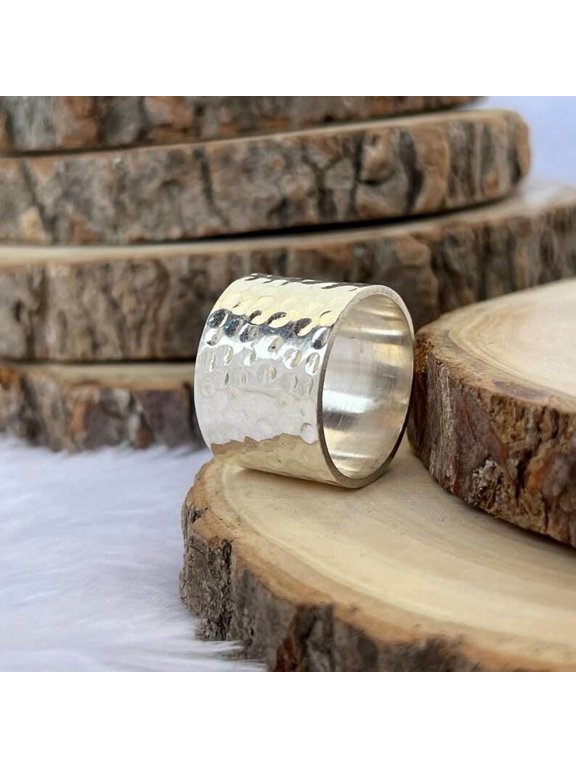 Hammered Silver Ring, Boho Artisan Silver Ring With Textured Wide Comfort Fit Band, Modern Adult Everyday Statement Jewelry