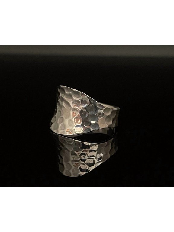 Hammered Silver Wedding Band, Oxidized Concave Textured Rustic Comfort Fit Ring