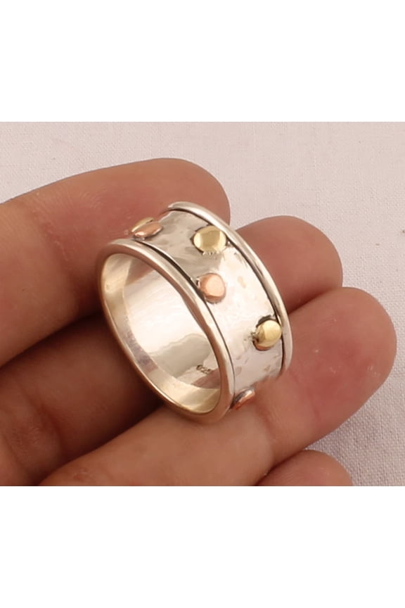 Hammered Textured 925 Sterling Silver Spinner Ring – Handmade Three-Tone Fidget Anxiety Ring for Women, Boho Wedding Band, Gift for Her