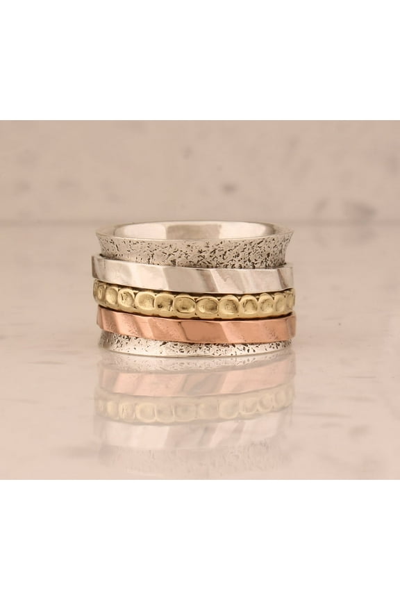 Hand-Hammered Mixed Metal Spinner Ring – 925 Sterling Silver Meditation Ring, Two-Tone Fidget Anxiety Ring for Men & Women, Stress Relief Thumb Ring