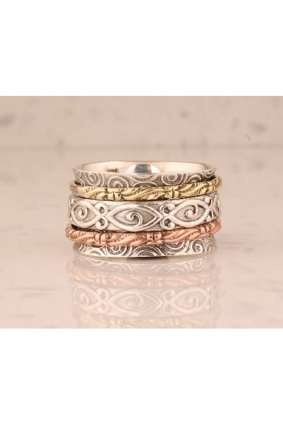 Handmade Three-Tone Boho Spinner Ring – 925 Sterling Silver Anxiety Fidget Ring for Women, Meditation Thumb Ring, Unique Mother’s Day Gift