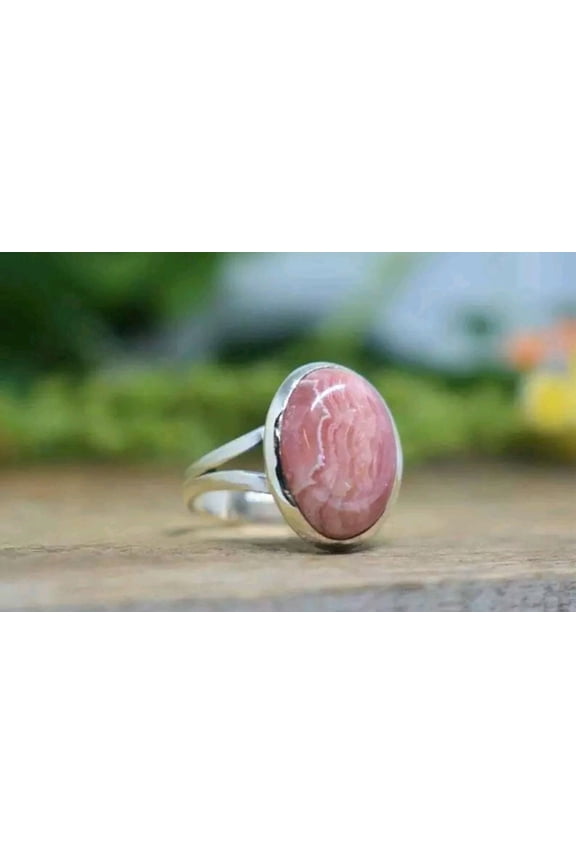 - Healing Crystal Ring Pink Rhodochrosite Oval Gemstone, Adjustable Sterling Silver Band
