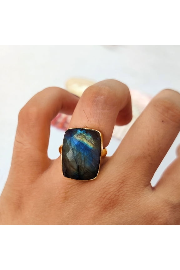 - Labradorite Ring Adjustable Gemstone Band with Blue Green Flash, Gold & Silver Plated Statement Jewelry